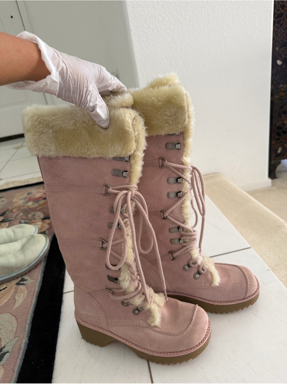 Report Pink Suede Lace-Up Faux Fur Tall Winter Boots
